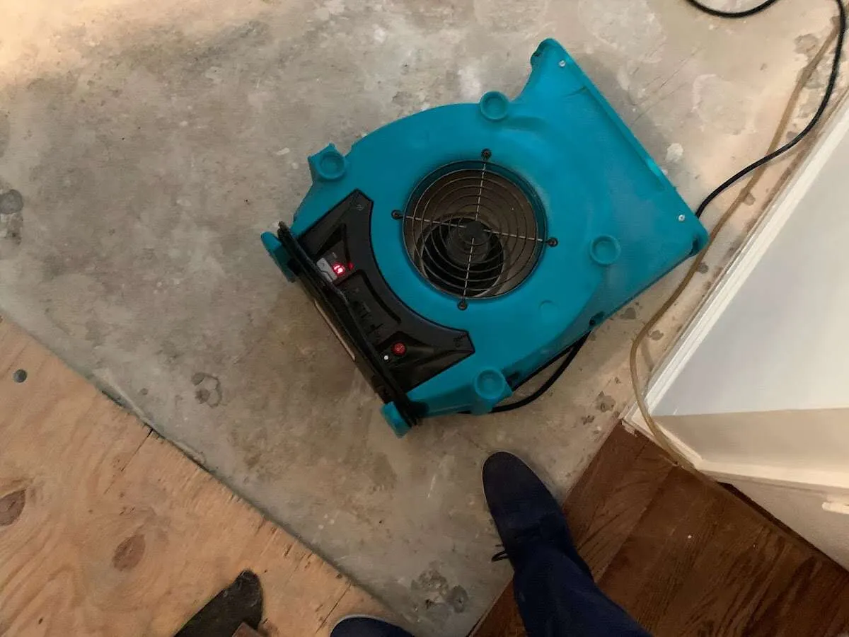 Air mover drying subfloor during Leak Detection & Repair in Carpinteria